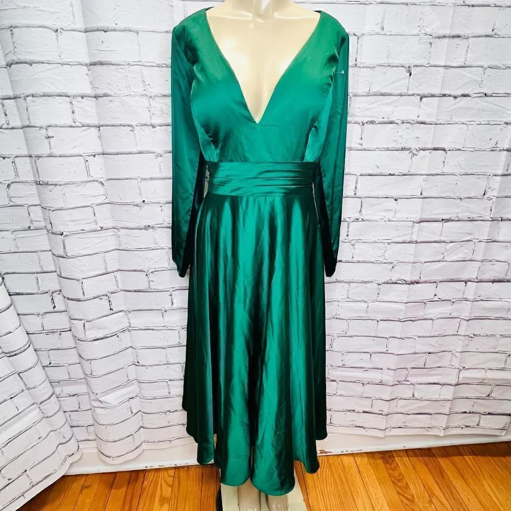 Mac Duggal Long Sleeve Plunge Neck Cocktail Midi Dress SZ16 - Picture 2 of 9